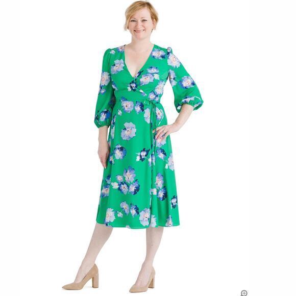 Eliza J Blue And Green Floral Faux Wrap Midi Dress, plus size 22W - Picture 14 of 15
